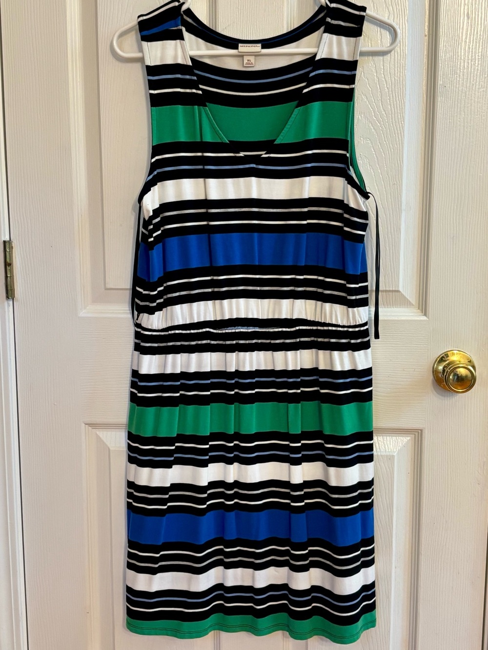 Flowy Striped Green, Blue, Black, & White Waist Defined V-Neck Dress size XL